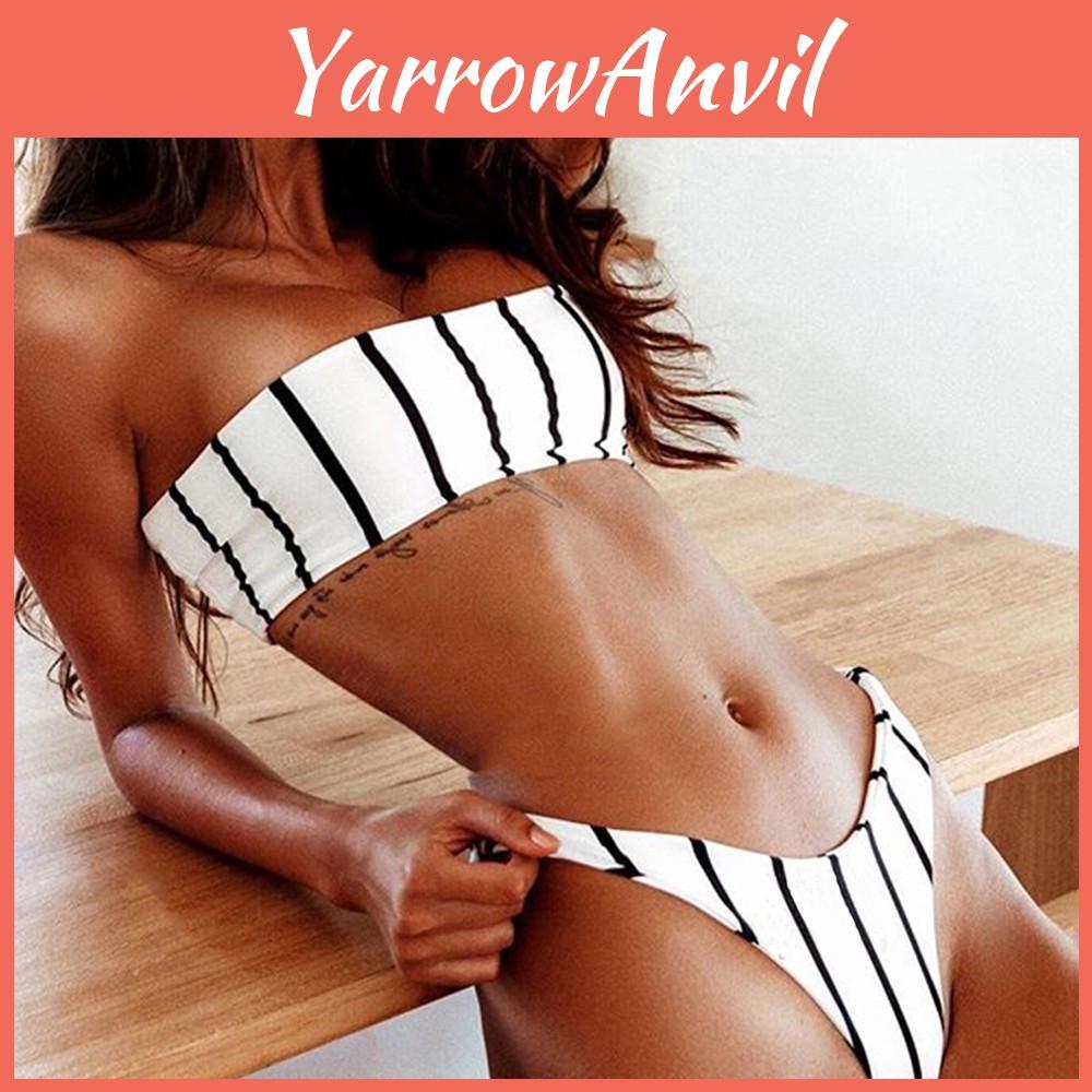 Elegantes Schwarz-Weiß-Gestreiftes Damen-Bikini-Set Mit Push-up Polsterung Und Schleifen-Design