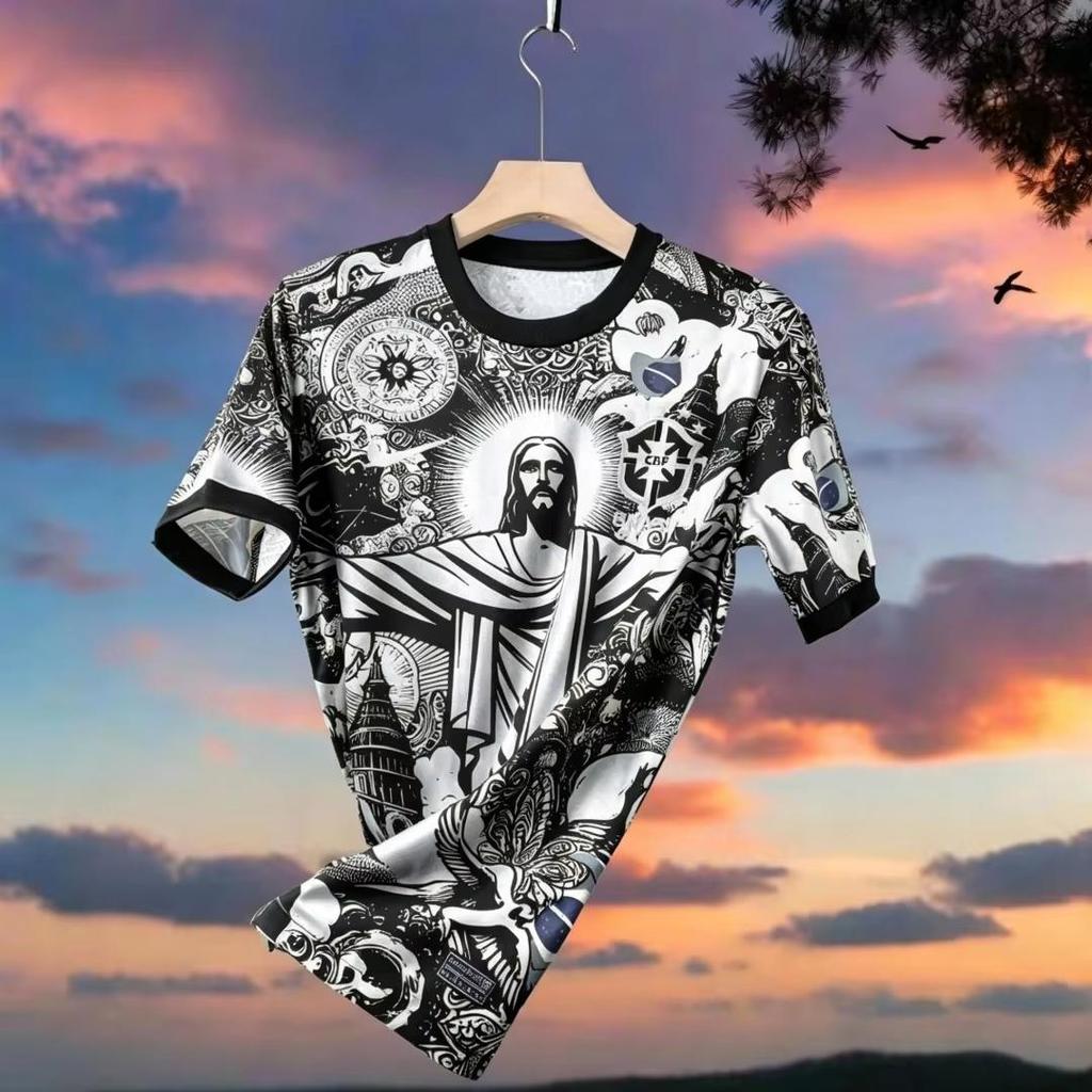 Maglia Estiva Brasile Gesù Calcio Allenamento Calcio all'Aperto Maglia Traspirante T-shirt Asciugatura Rapida per Sport Corsa