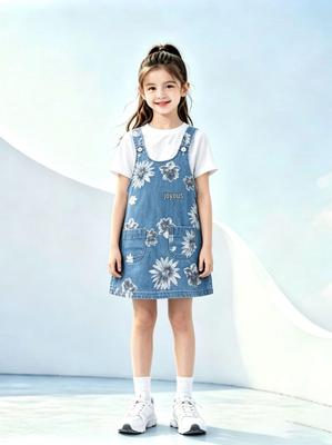 Girls' Summer Washed Denim Daisy Strap Dress