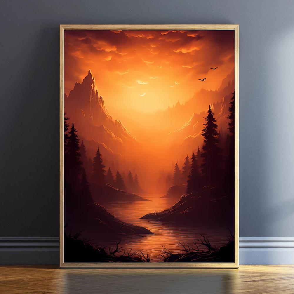Retro Warm Forest Valley Sunset Natural Wilderness Landscape Art Poster Canvas Prints Mural Living Room Bedroom Home Decoration