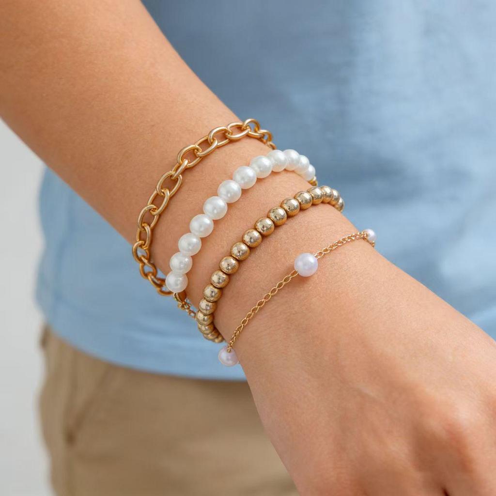 European and American Multi-Layer Beaded Fashion Bracelet Set with Imitation Pearls