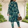 Women Plus Size Teal Floral Printed 3 Piece Set Long Sleeve Open Front Cardigan Crop Top Long Pants