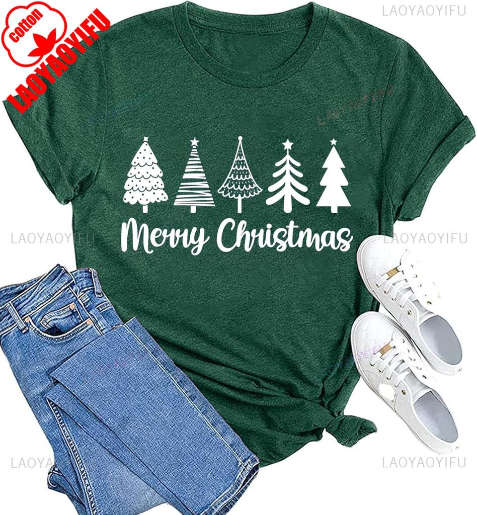 New Year Xmas Gift Merry Christmas Cotton Shirts for Women Merry and Bright Tree Graphic Holiday Printed TShirt Tops Unisex Tee