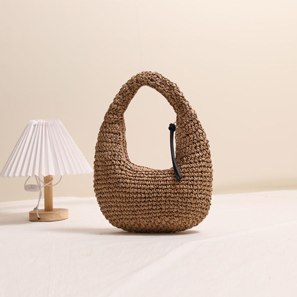 Large Capacity Rattan Handbag Half Moon Clutch Crescent Bag Leisure Weave Tote Bag  Outdoor кофейный