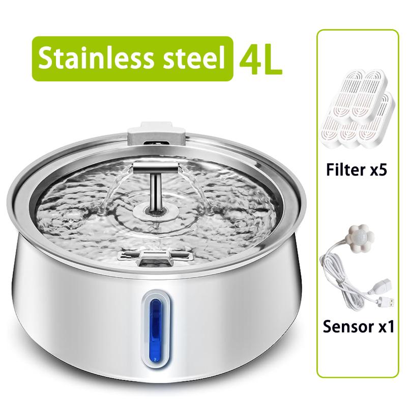 4L Cat Water Fountain Round Stainless Steel Automatic Drinking Fountain Double Outlet Cat Drinker Suitable for Two Pet Dog Cat