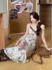 Butterfly Floral French Camisole Dress: V-Neck, Slim Fit, Cinched Waist, Bodycon Long Dress - Perfect for Summer Vacation.