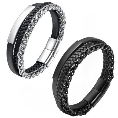 Pulsera de Cuero para Hombre Cadena de Acero Titanio Cuerda Trenzada Hecha a Mano Brazalete de Cuero Multicapa para Hombre Joyería de Moda