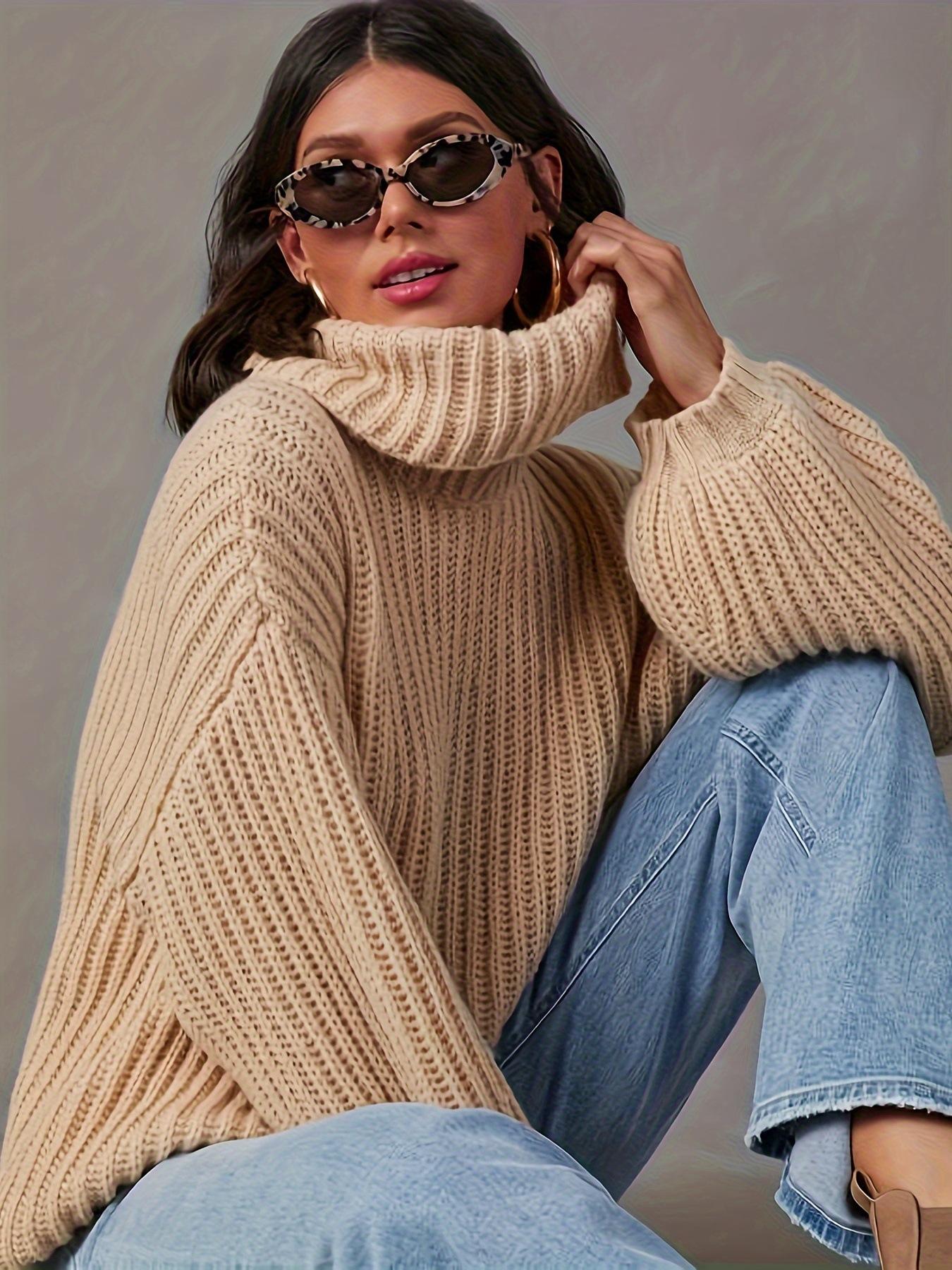 

Женский вязаный пуловер с высоким воротником большого размера, зимняя верхняя одежда, свободный однотонный элегантный пуловер с длинным рукавом, женский повседневный теплый свитер XXXL хаки