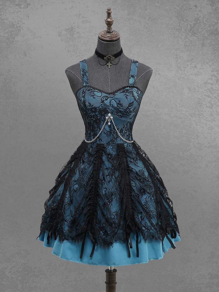 Rosegal Gotické Květinové Krajkové Překrytí Křížový Řetízek Volánky Vrstvené A-Liniové Tankové Šaty