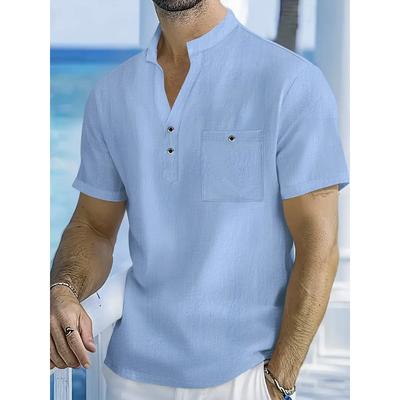 Men's Light Blue Linen Henley Shirt Short Sleeve Mandarin Collar Casual Beach Top with Chest Pocket