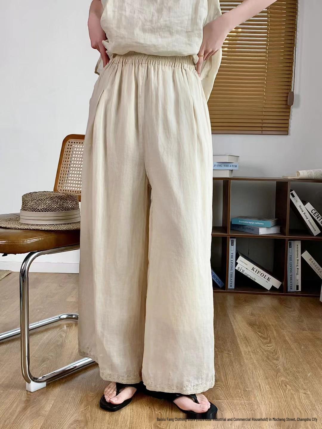 Artistic Embroidered Linen Wide-Leg Women’s Casual Pants - Summer 2026 Collection One Size