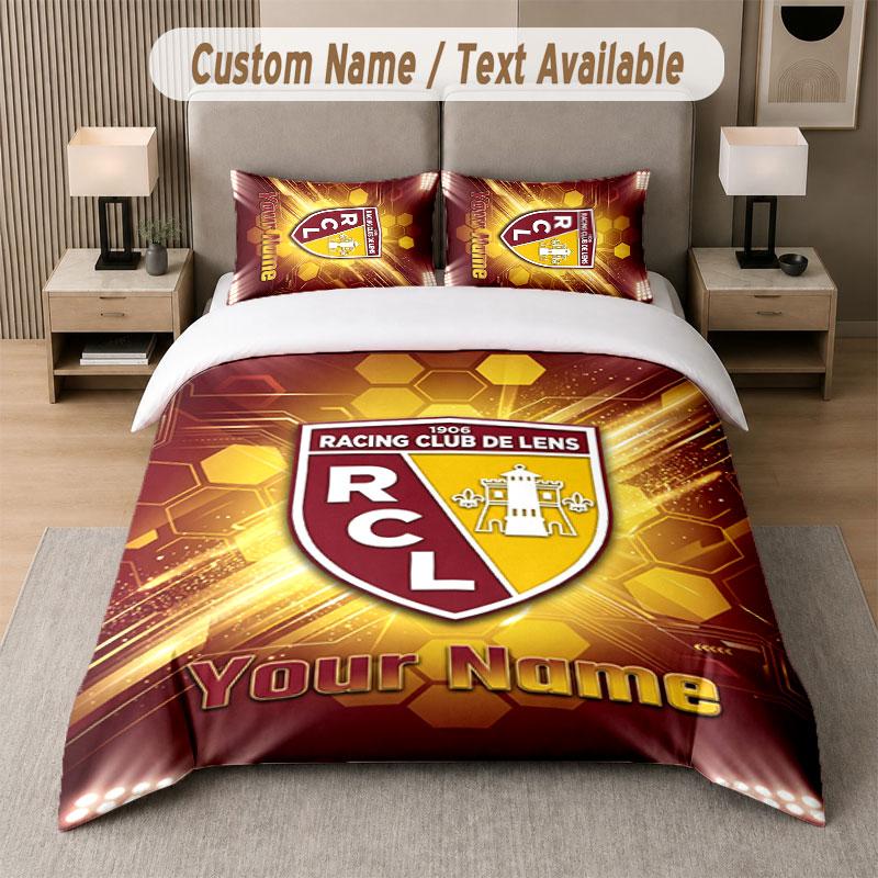 Custom Bedding Set Racing Club De Lens Pattern, Print Name Text 1 Duvet Cover Plus 2 Pillowcases Home Textile
