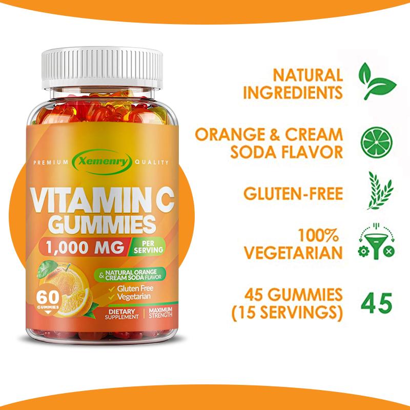 Vitamin C Gummibärchen, 1000 mg pro Gummibärchen, Multivitamin-Nahrungsergänzungsmittel, 100 Gummibärchen pro Packung, vegan, für Erwachsene geeignet, gentechnikfrei.