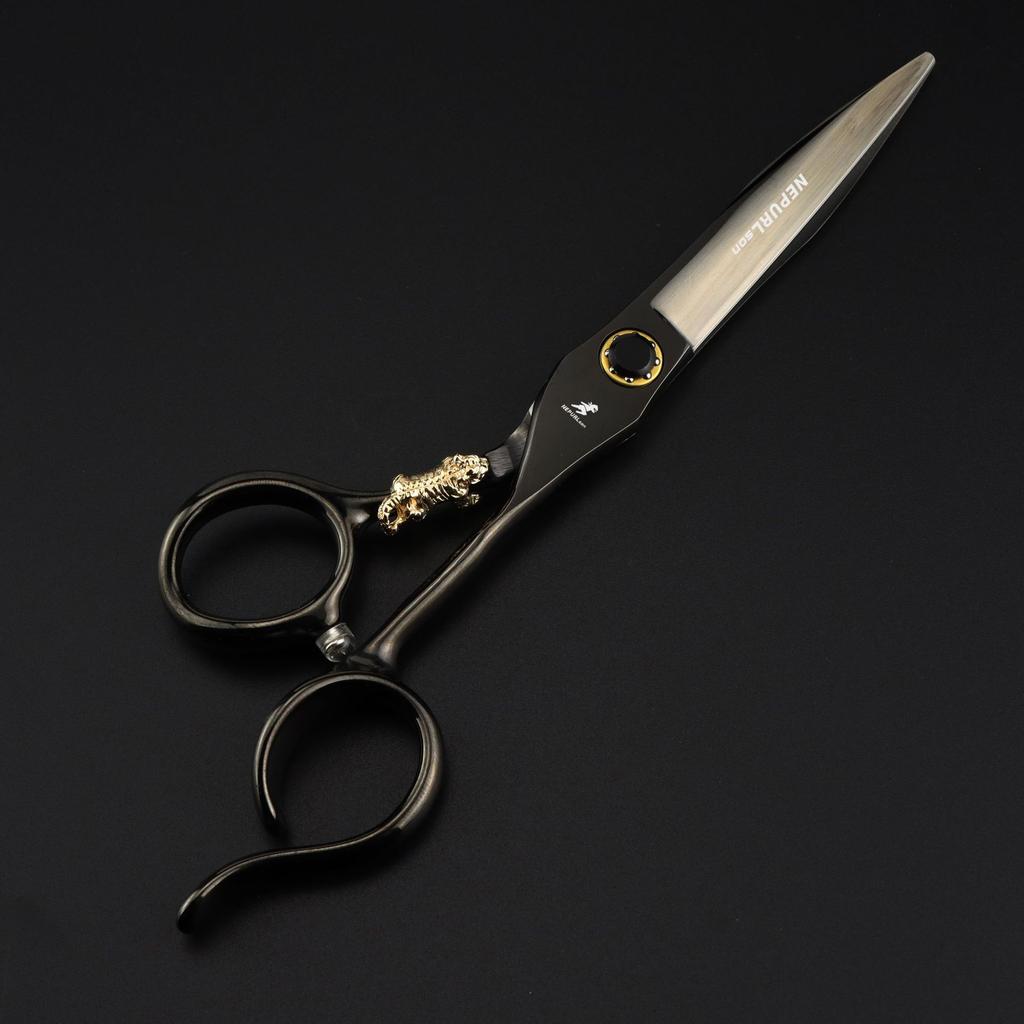 6.0 Inch Nimpson Black Steel Notched Handle Small Golden Tiger, Bearing Screw Hair Scissors, Hair Scissors, Thin Teeth Scissors