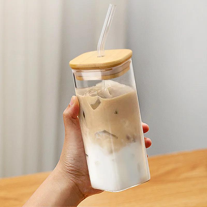 Square Heat Resistant Transparent Coffee Glass Mug Milk Tea Juice Glass Water Cup with Lid and Straw Coffee Cup Drink Mug