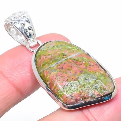 Pingente de presente de prata esterlina 925 com pedra preciosa de jaspe unakite natural 1,93" B1b24