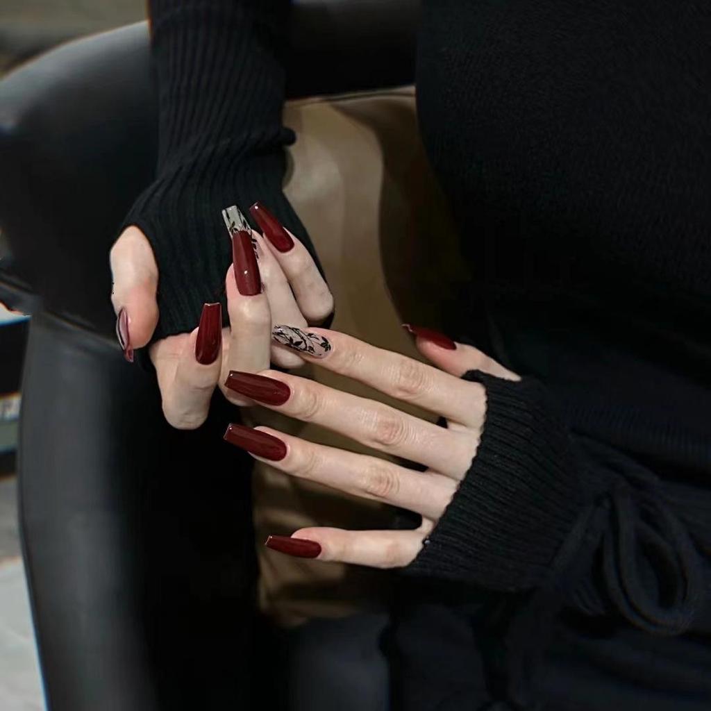 Chinese Ink Wash Wearable Nail Art Stickers - Long T-Shaped Fake Nail Patches