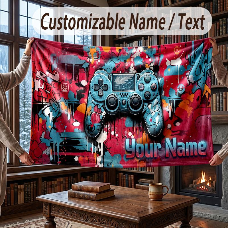 Game Controller Theme Throw Blanket Custom Name Text Personalized Blanket Soft Cozy Blanket for Home Sofa Bed