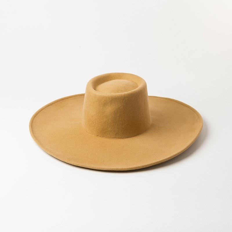 European, American autumn and winter new simple and fashionable halo ring flat top big brim wool top hat catwalk shopping big edge felt hat