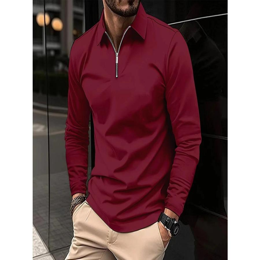 Wiosna Jesień Solidne Koszulki Polo Moda Męska Sportowa Koszulka Polo Z Długim Rękawem Z Kołnierzem Na Zamek Błyskawiczny