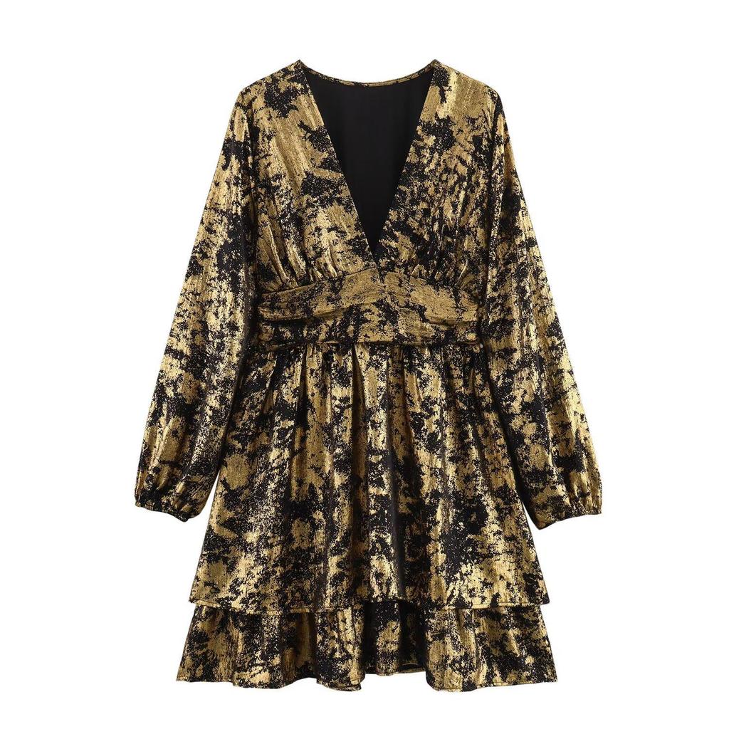 Autumn 2023 V-Neck Waist Slimming Metallic Foil Mini Dress