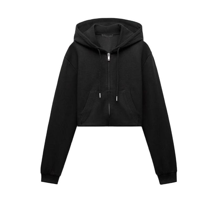 

Za Spring New Women s Clothing Double-Sided Cloth Short Sweatshirt 3641843 Stitching Decoration Bell-Bottom Pants 3641845 Black Tops S