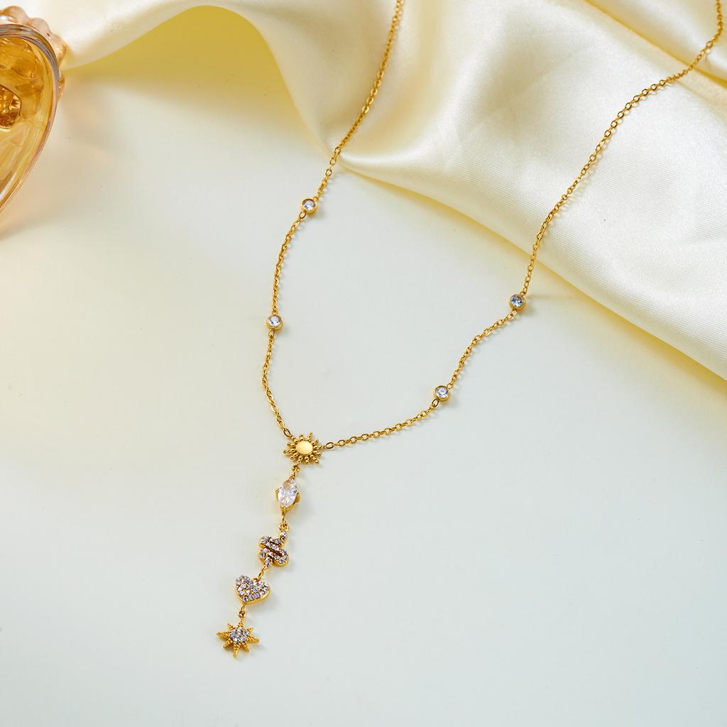 Delicate Heart Star Stainless Steel Y Drop Necklace for Women Geometric Cubic Zirconia Adjustable Chain Party Jewelry Gift