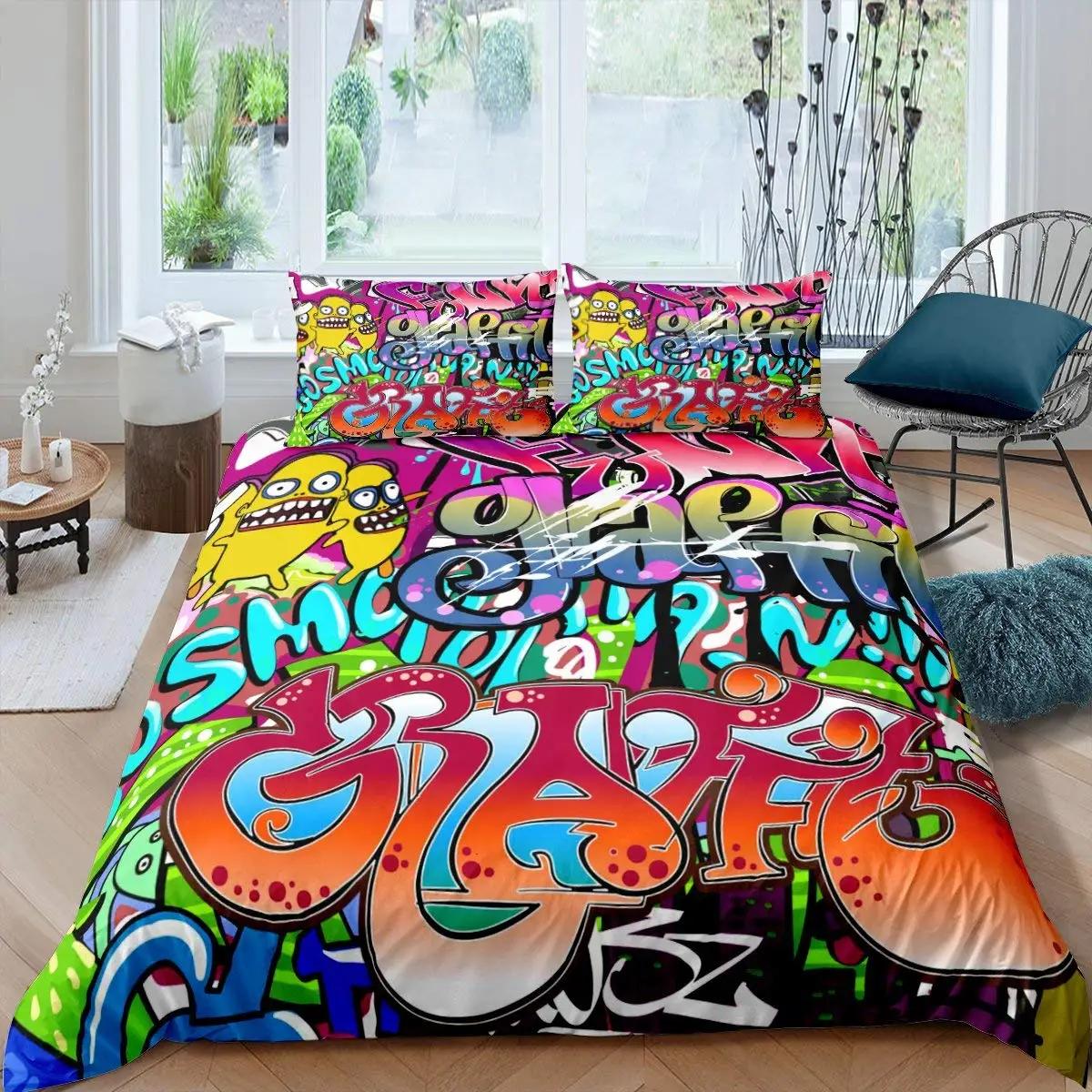 

Hip Hop Decor Duvet Cover Colorful Bedspreads Cover Graffiti Pattern Street Culture Theme Decor Bedding Set For Adult Kids Teen EU Single(135*200cm)3pcs