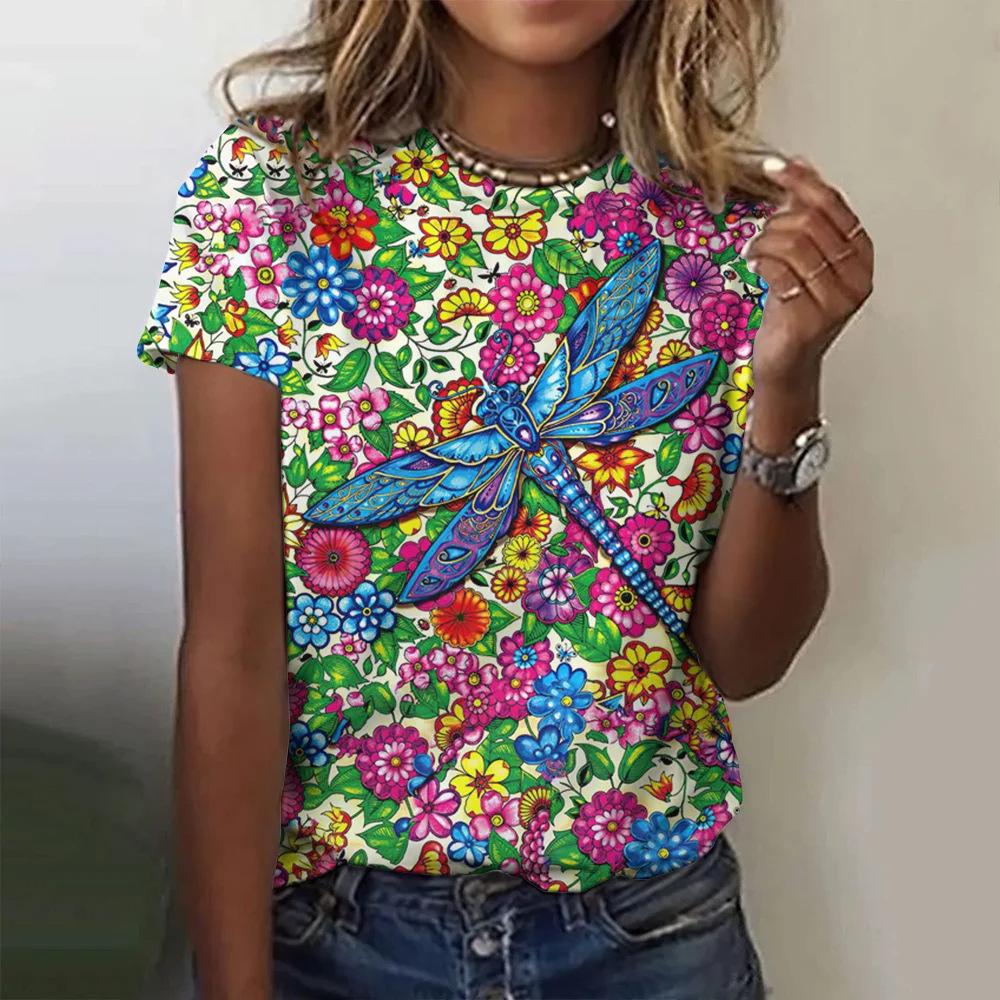 Short sleeved 3D digital new summer European and American trendy T-shirt women's round neck top 3204
