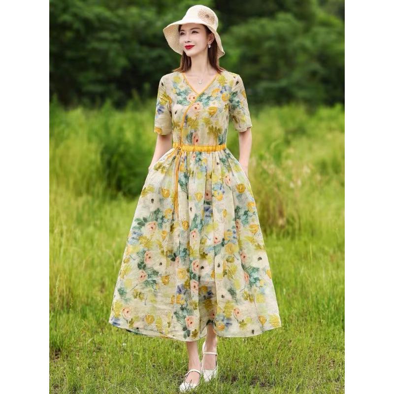 2026 Floral Summer Dress: Beach Style, Short Sleeve, Loose Fit, Cinched Waist, Plus Size.