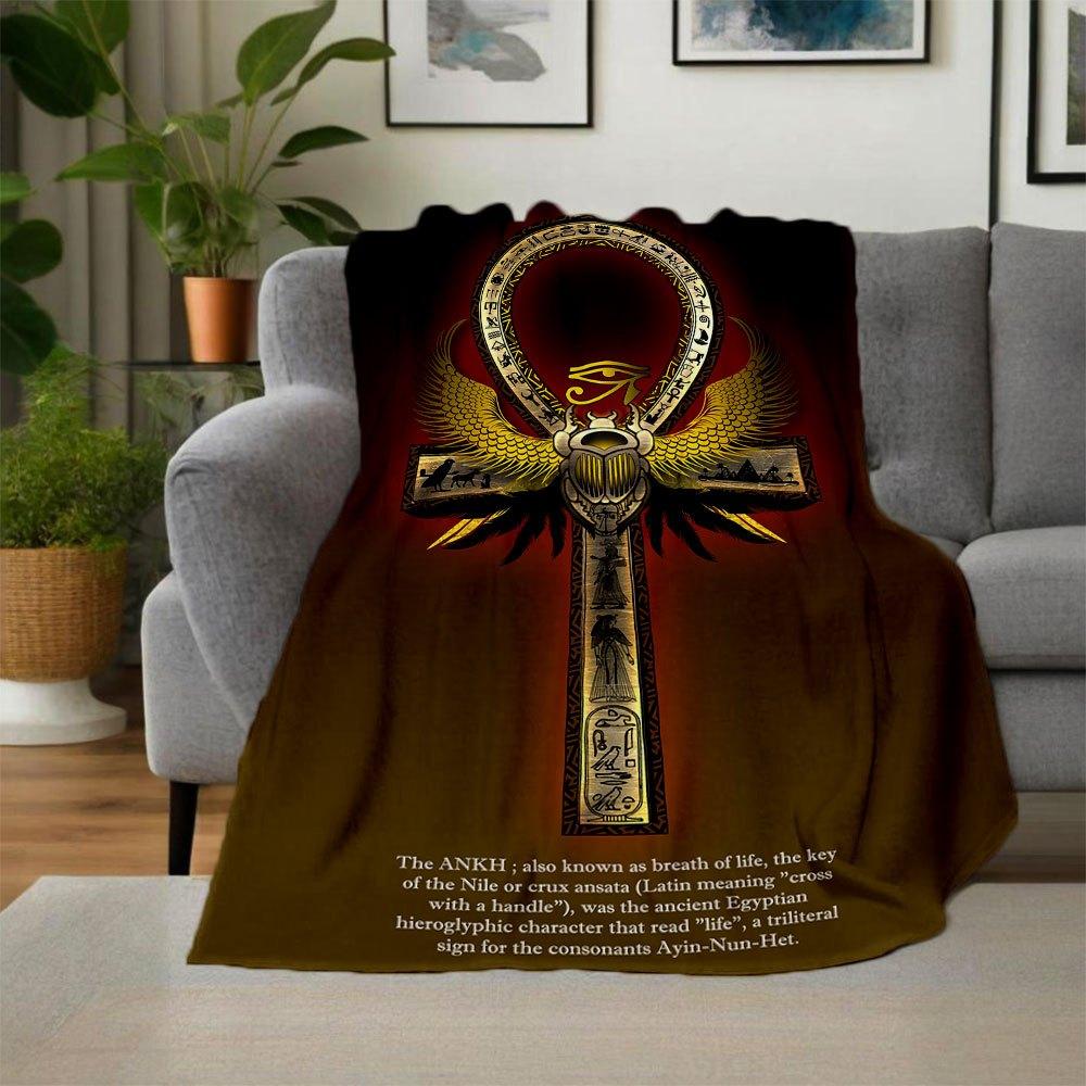 Egyptian Ankh Cross Scarab Beetle Wings Key of Life Poster PrintBlanket Flannel Throw Blanket for Sofa, Bed, Travel, Camping, Office, Couch,
