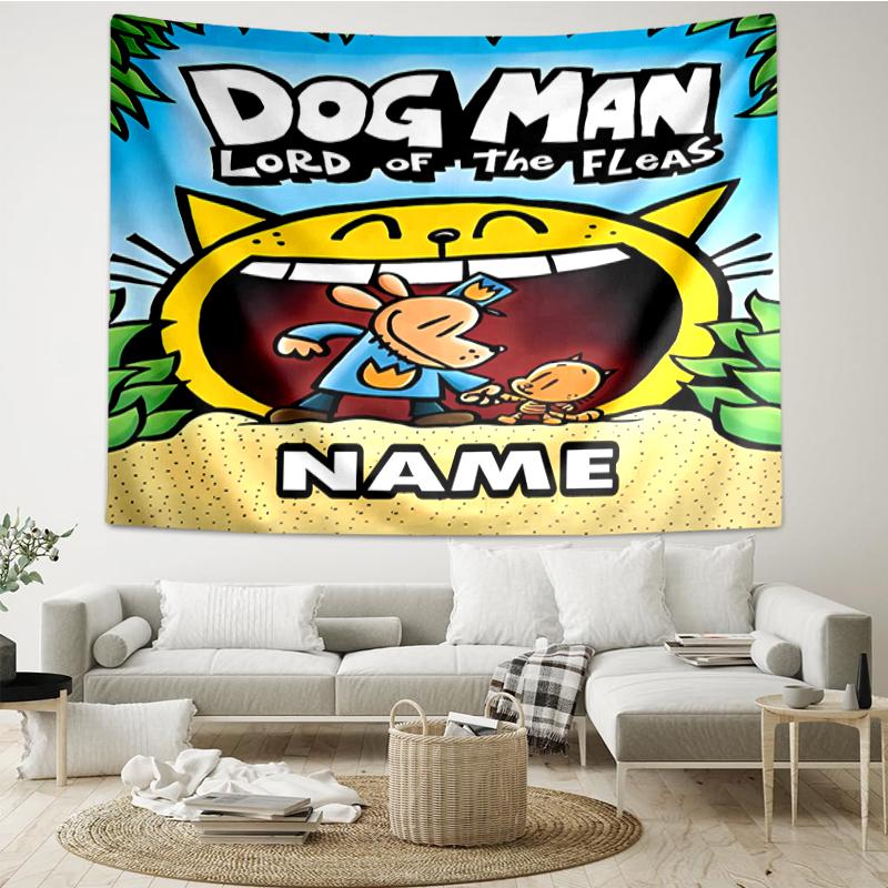 Custom Name Dog Man Print Tapestry, Backdrop, Easy Setup, Ideal for Bedroom, Office & Living Room, with Aesthetic Wall Hanging Decor.