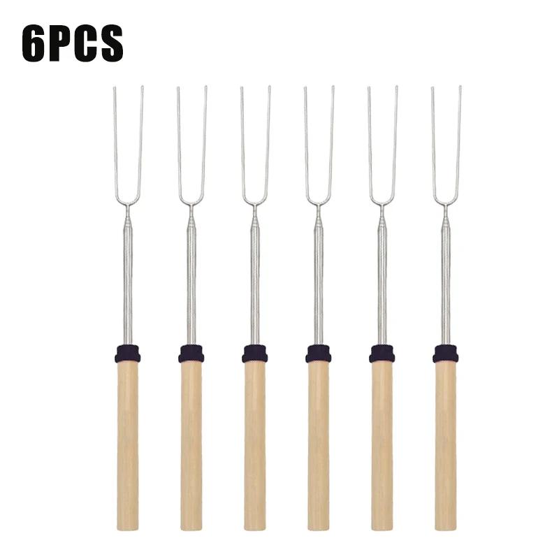Telescoping Campfire Forks 32 Inch Stainless Steel BBQ Grill Skewer Marshmallow Roasting Sticks for Picnic Smores Cooking