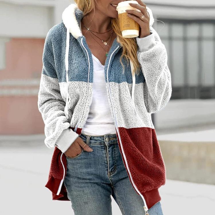 Women's Hooded Large Zip Jacket Loose Multicolor Paneled Plush Size