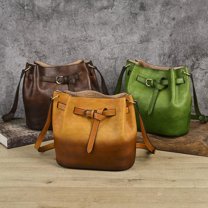 Johnature Retro Bucket Bag Handmade Genuine Leather Large Capacity Versatile Women's Shoulder Bag