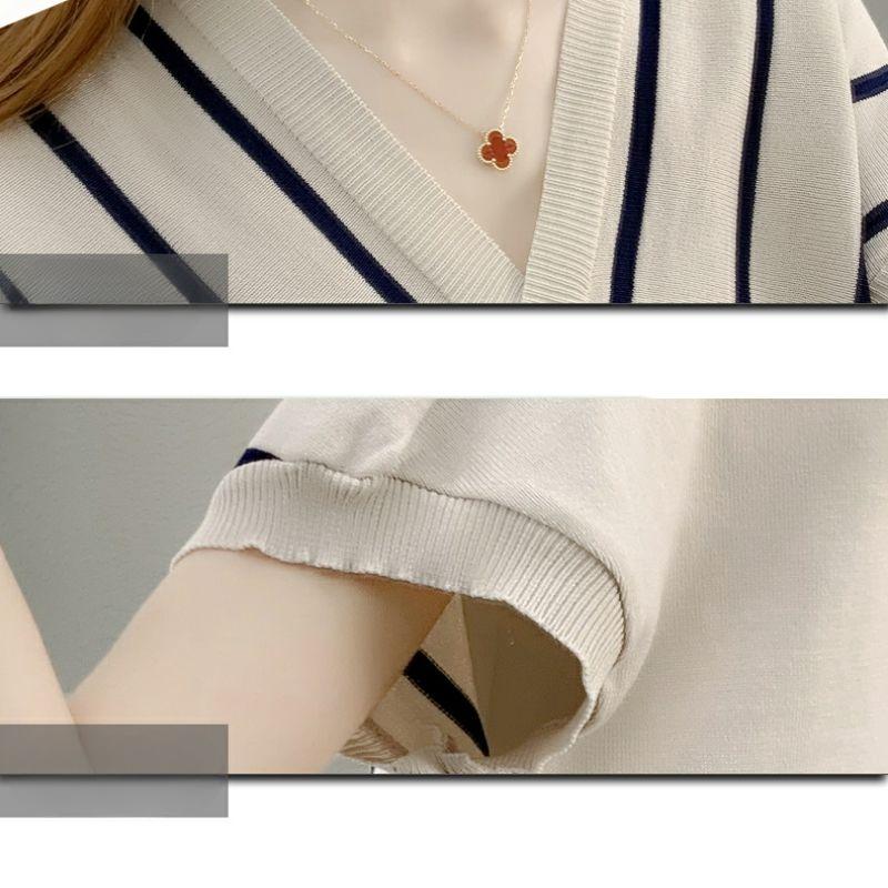 Korean Style Summer V Neck Loose Bat Sleeve Striped Ice Silk T Shirt Women Casual Thin Knit Top