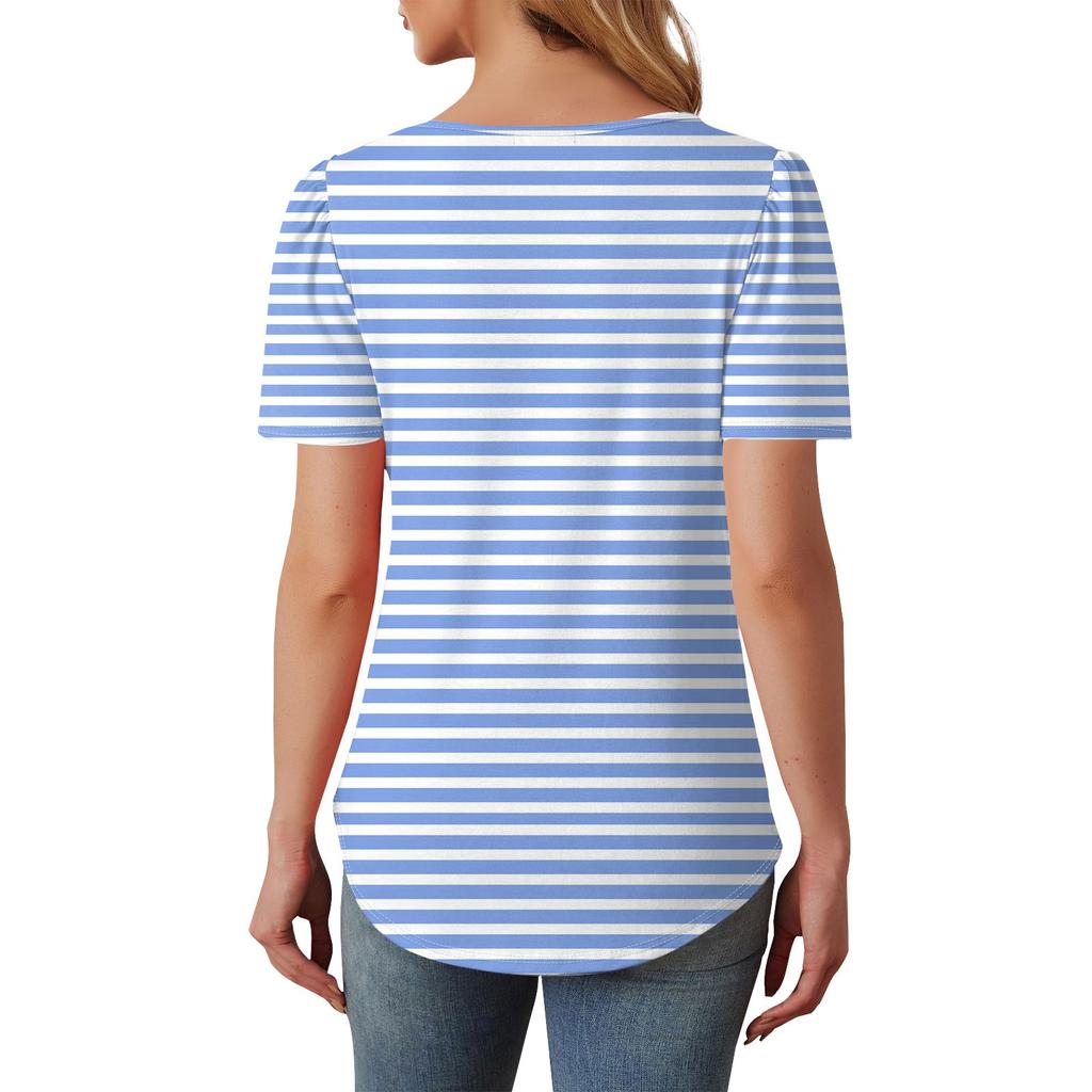 Women's Fashion Casual Short Sleeve Button Stripe Printed Round Neck Pullover Top