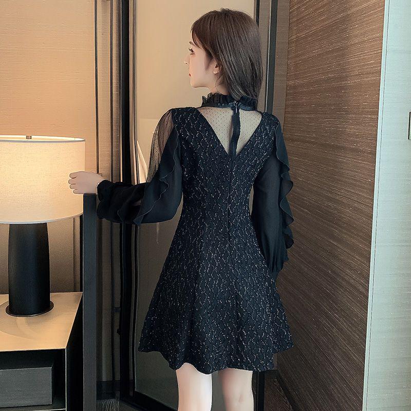 2026 Spring Women's Elegant A-line Polka Dot Long-Sleeved Dress with Mesh Patchwork and Lace-up Details
