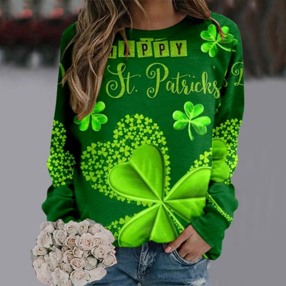 Grüne Pullover Pullover Frauen St Patrick Tag Kleidung 2024 Frauen Täglichen Grün Workout Langarm O Neck T Shirt Weibliche Tops
