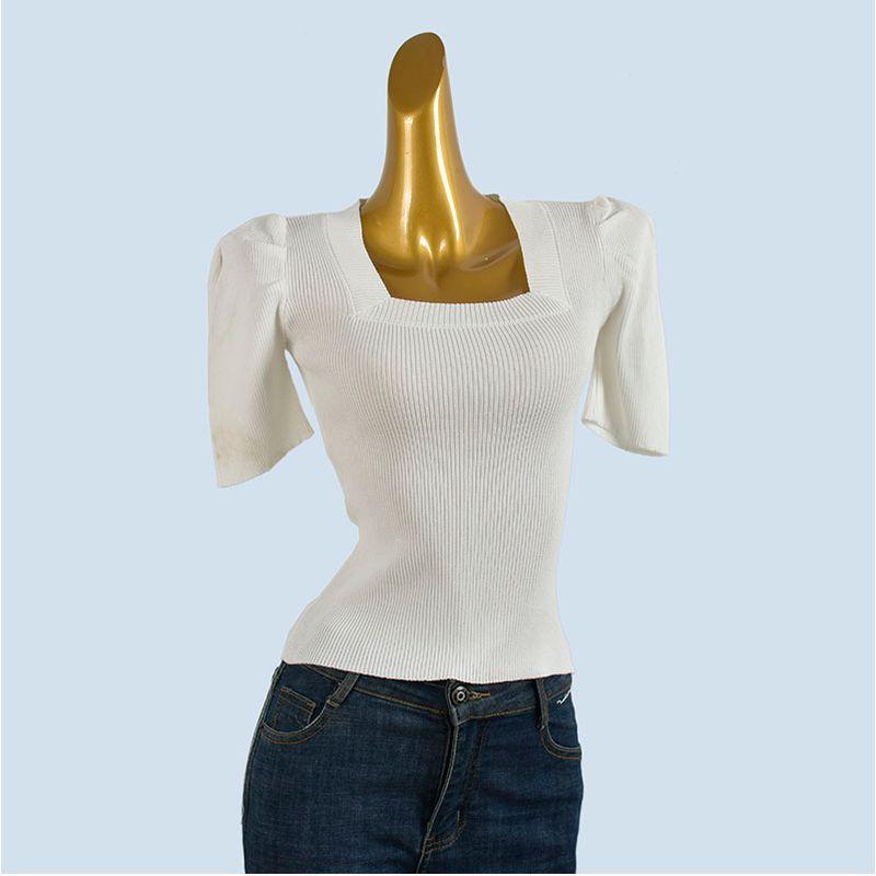 French style Retro Square Collar Puff sleeve Knit Short sleeve Women 2025 Summer Slim fit Slimming Versatile Top