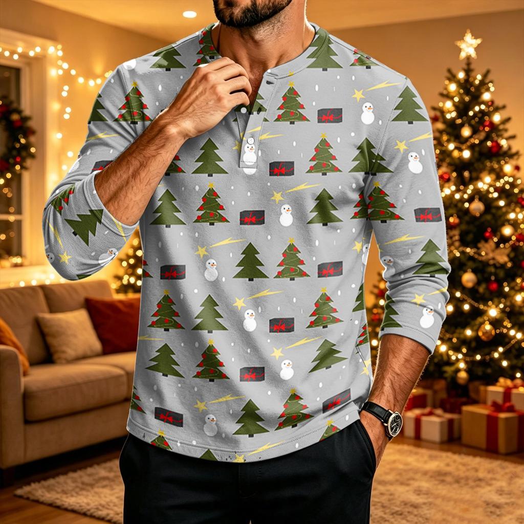 Camicia da Uomo a Maniche Lunghe con Stampa Natalizia per Festa, Uso Casual Quotidiano