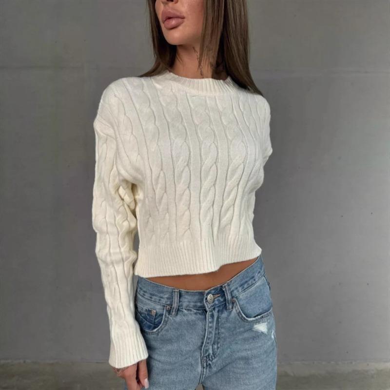 Women's Sweater Fashion Pullover Crew Neck Long Sleeve Short Top Twist Threaded Knitted Sweater Top Women
