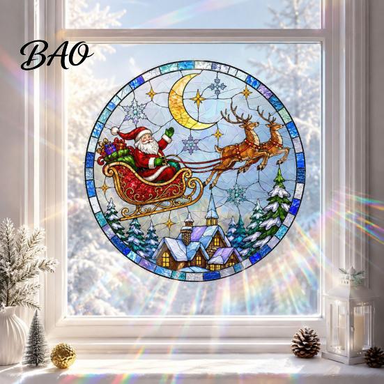 Christmas Home Window Decor Santa Sleigh Suncatcher Cling, Stained Glass Style Static Glue Free Sticker Sticker, Rainbow Film Xmas for Shop Storefront