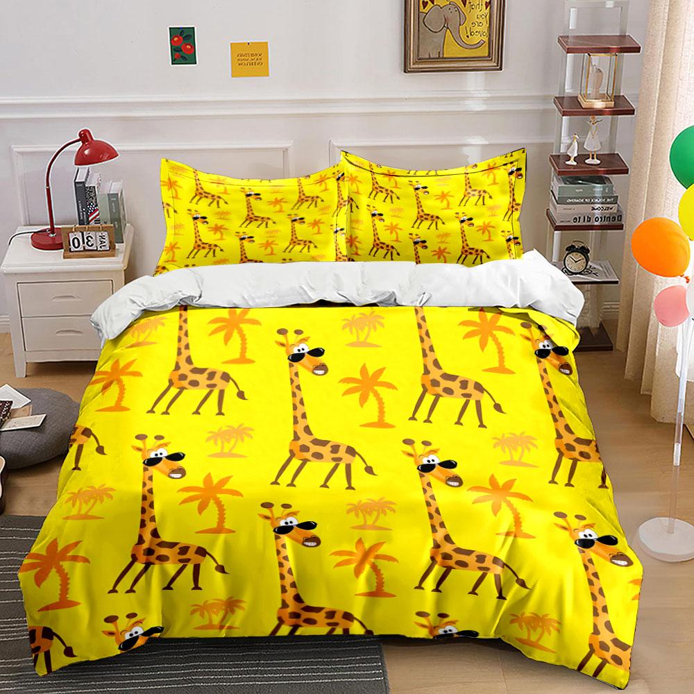 Cartoon Giraffe and Palm Print Bedding Duvet Cover Set (1*Duvet Cover 2*Pillowcases, Without Duvet Insert)