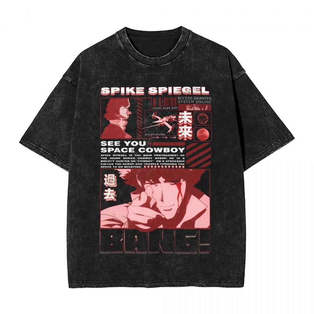 Manga Cowboy Bebop T Shirt Spike Spiegel Graphic Tshirt Washed Oversized TShirt Men Women Clothes Short Sleeve Cotton Tees