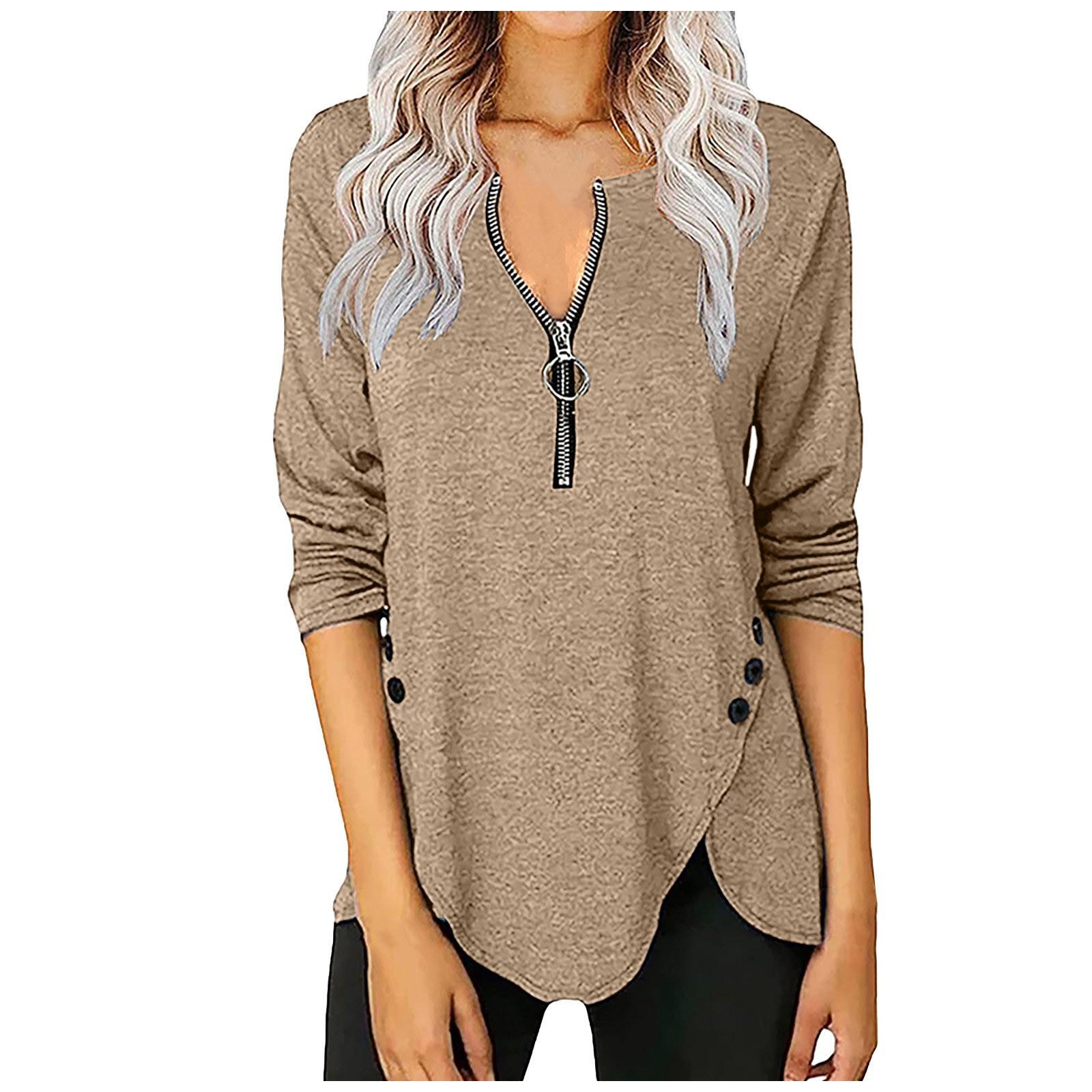 

Женская повседневная осенняя футболка с длинными рукавами на молнии и пуговицах XL серый