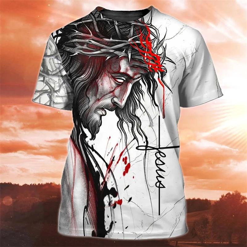 Fashion 3D Jesus Cross Print T Shirt For Men Christianity God Graphic Oversized T-shirts Daily Casual O-neck Short-sleeved Tops
