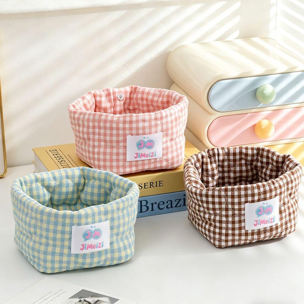 Gingham Fabric Storage Basket Soft Quilted Makeup Storage Basket  Home Decor