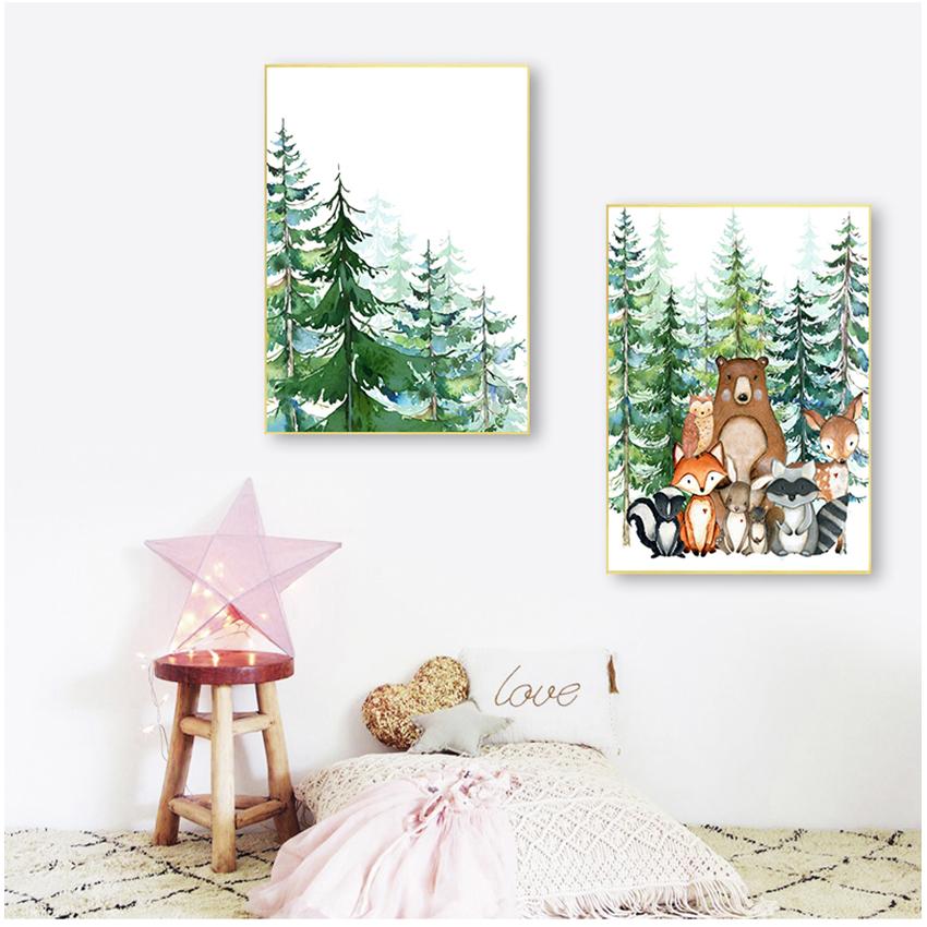 Woodland Animal Landscape Posters and Prints Fox Deer Bear Wall Art Painting Nordic Children's RoomDecorationPosters On The Wall