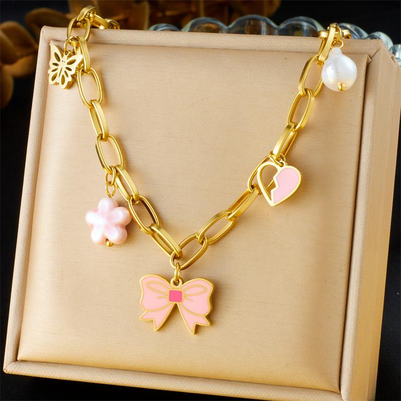 DIEYURO 316L Stainless Steel Pink Bowknot Heart Flower Pearl Pendant Necklace Earrings Bracelet Set New Trend Waterproof Jewelry